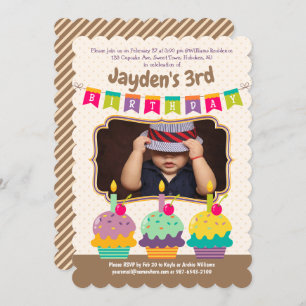 Invitation Joyeux 3e anniversaire Colorful Cupcakes Bunting P