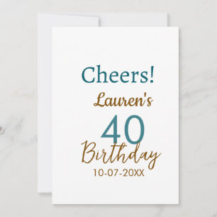 Invitation Joyeux 40e anniversaire nom date marron turquoise