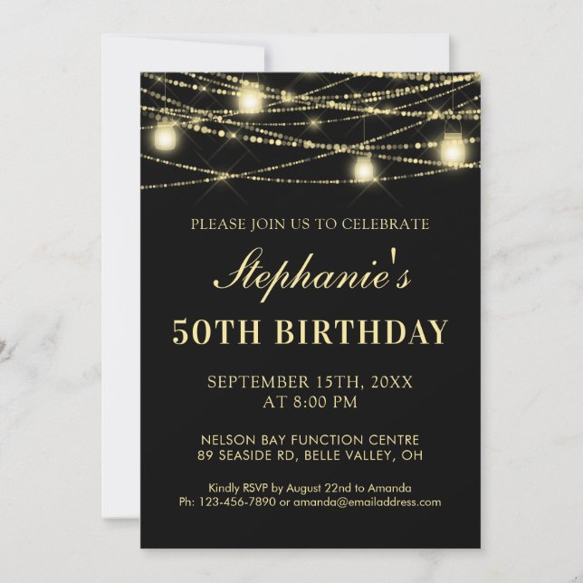 Invitation Joyeux 50e anniversaire Black Gold Lights Mason Ja (Devant)
