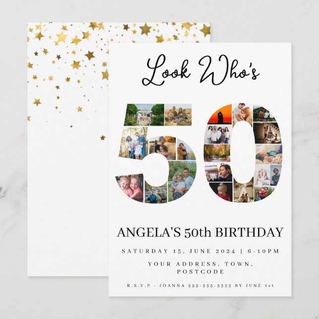 Invitation Joyeux 50e anniversaire Collage photo or et blanc (Devant / Derrière)