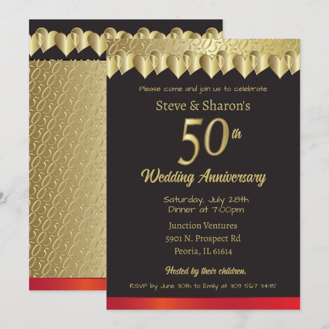Invitation Joyeux 50e anniversaire de coeur d'or (Devant / Derrière)