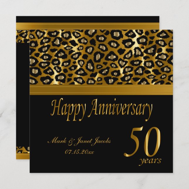 Invitation Joyeux 50e Anniversaire d'Or | Motif Léopard (Devant / Derrière)