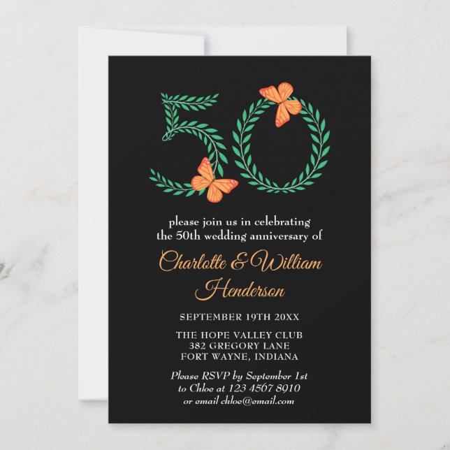 Invitation Joyeux 50e Anniversaire Mariage d'or papillon (Devant)