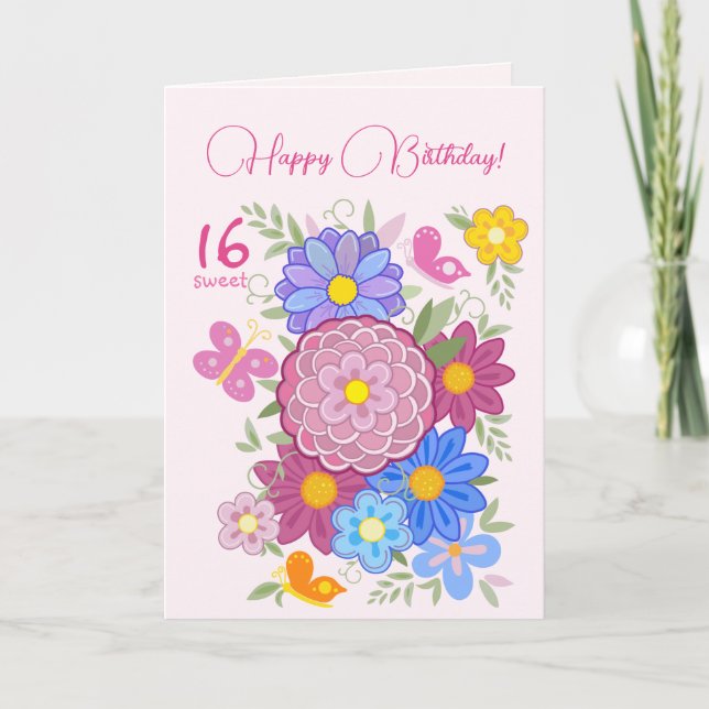 Invitation Joyeux anniversaire ! 16 Fleurs douces et oiseaux (Devant)