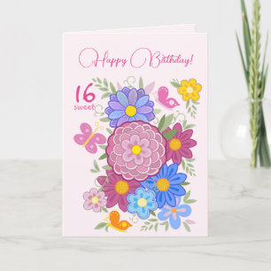 Invitation Joyeux anniversaire ! 16 Fleurs douces et oiseaux