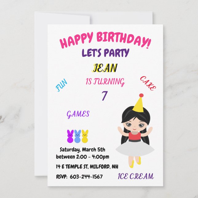 Invitation "Joyeux Anniversaire" Amusement, Jeux, Gâteau, crè (Devant)