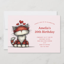 Joyeux Anniversaire avec Chat Mignon et Cœurs Roug