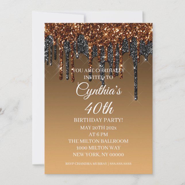 Invitation Joyeux anniversaire avec la goutte d'or et de Part (Devant)