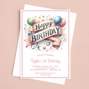 Invitation Joyeux Anniversaire Ballons Pastel 1er Anniversair