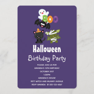 Invitation Joyeux anniversaire chat d'Halloween, chauve-souri