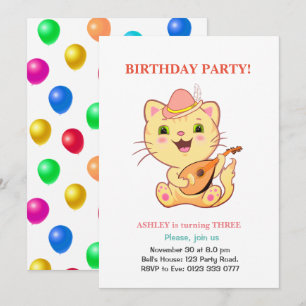 Invitation Joyeux Anniversaire Chat Mignon & Ballons Multicol