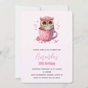 Invitation Joyeux Anniversaire Chouette Rose dans une Tasse