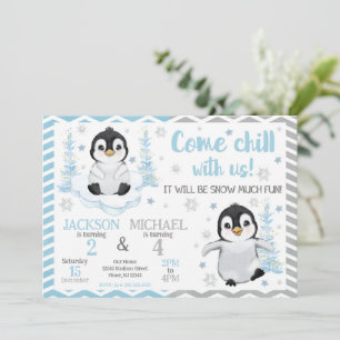 Invitation Joyeux Anniversaire Commun de Pingouins Mignons d'