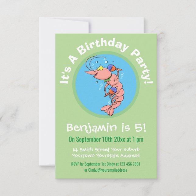 Invitation Joyeux anniversaire crevette de dessin animé migno (Devant)