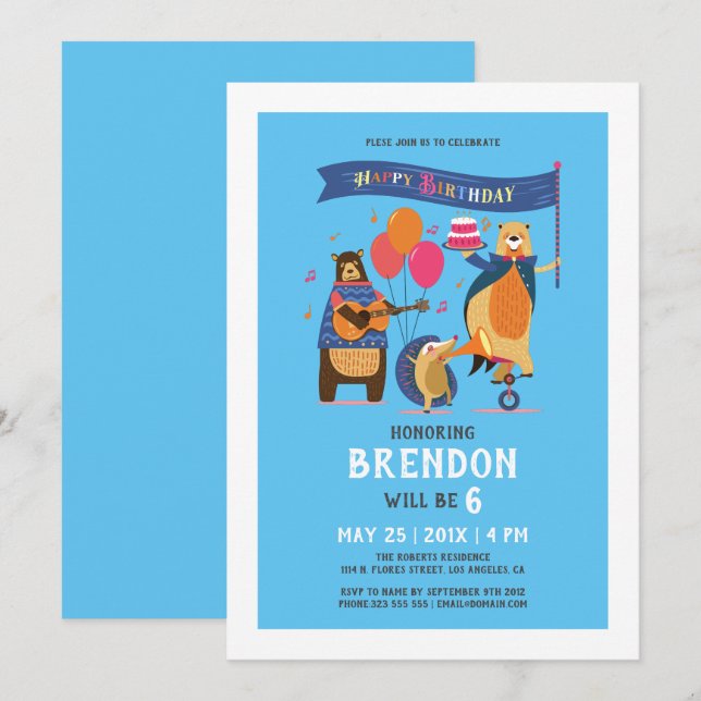Invitation Joyeux Anniversaire de mignons animaux caricaturau (Devant / Derrière)