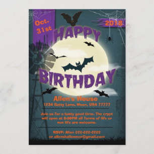 Invitation Joyeux anniversaire d'Halloween Batty Moonlight Pa