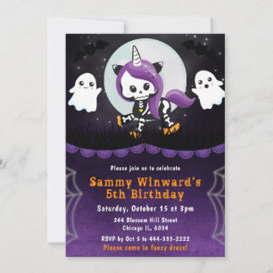 Invitation Joyeux anniversaire licorne Halloween et fantômes 