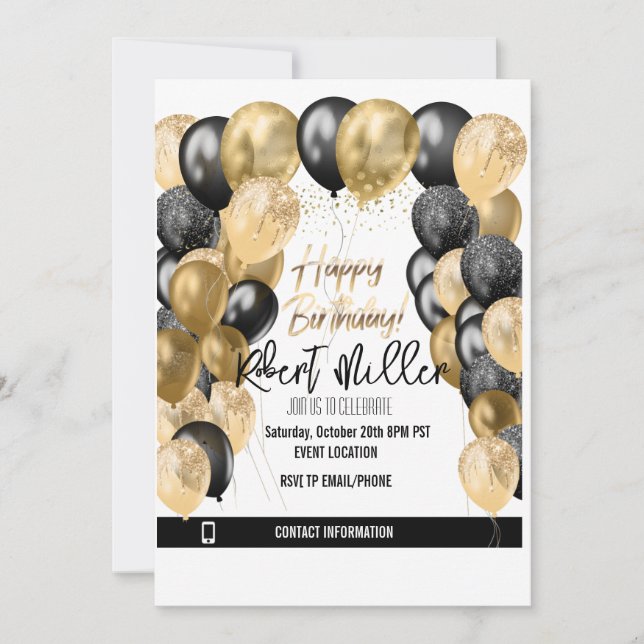 Invitation Joyeux anniversaire Modèle Black Gold - Transparen (Devant)