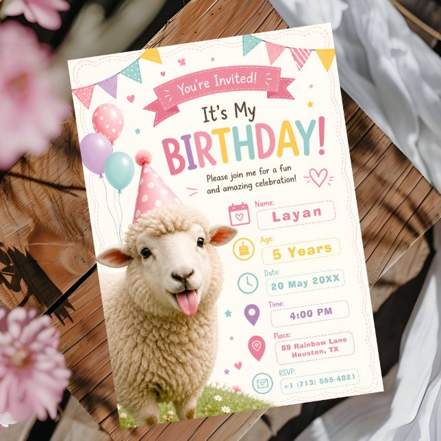 Invitation Joyeux Anniversaire Mouton Pastel (Créateur téléchargé)
