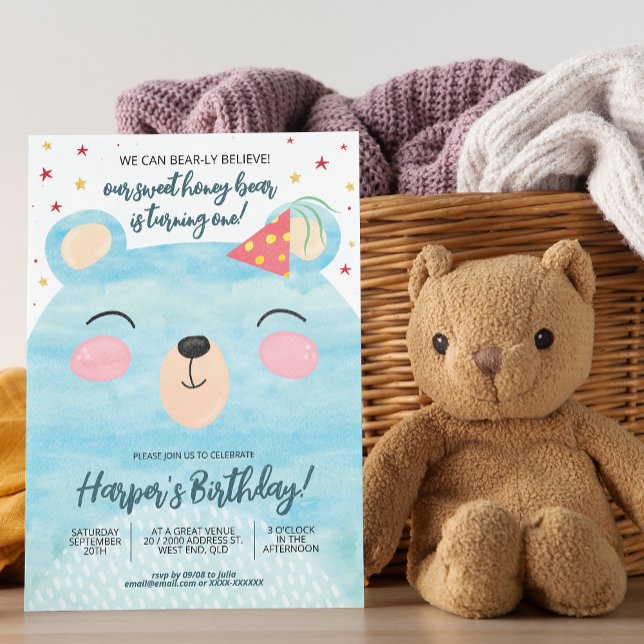 Invitation Joyeux Anniversaire Ours en Miel Bleu  (You can create plenty of honey for the big day with our bear birthday invitation!)