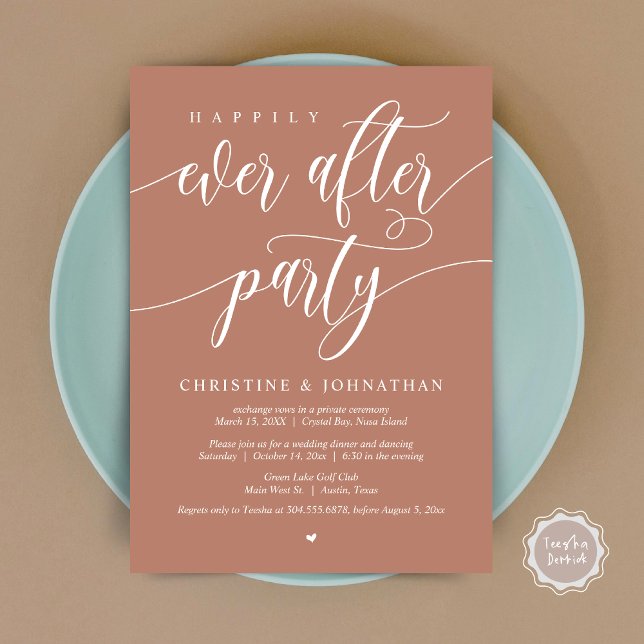 Invitation Joyeux Après La Fête, Dîner Mariage Elopement (Happily Ever After Party, Wedding Elopement Dinner Invitation Card, PDF, in Terracotta Earthy Brown)