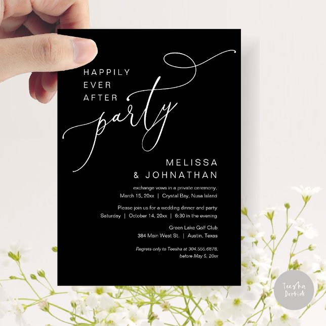 Invitation Joyeux après la fête, dîner Mariage, en noir (Happily Ever After Party, Romantic Wedding Dinner and Dancing Invitation Card, PDF, in Classy Black)
