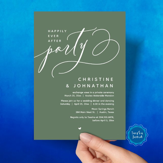 Invitation Joyeux Après La Fête, Dîner Mariage Moderne (Romantic Happily Ever After Party, Modern Wedding Dinner Invitation Card, PDF, Forest Sage Green)