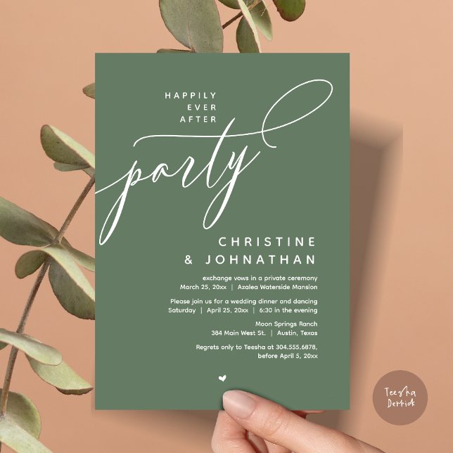 Invitation Joyeux Après La Fête, Dîner Mariage Moderne (Romantic Happily Ever After Party, Modern Wedding Dinner Invitation Card, PDF, Forest Sage Green)
