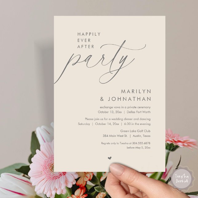Invitation Joyeux Après La Fête, Dîner Mariage Romantique (Happily Ever After Party, Modern Romantic Wedding Dinner Invitation Card, PDF, in Dark Grey Cream)