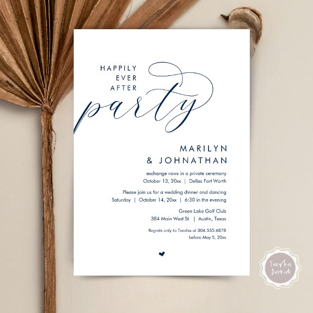 Invitation Joyeux Après La Fête, Dîner Mariage Romantique (Happily Ever After Party, Modern Romantic Wedding Dinner Invitation Card, PDF, in Navy Blue)