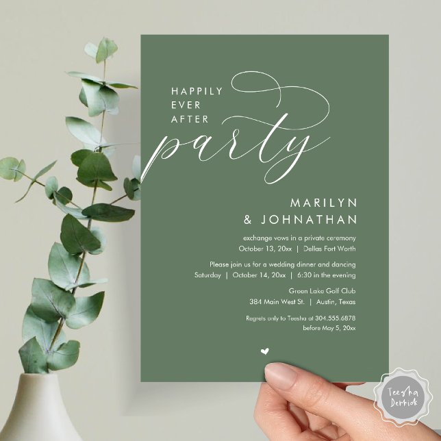 Invitation Joyeux Après La Fête, Dîner Mariage Romantique (Happily Ever After Party, Modern Romantic Wedding Dinner Invitation Card, PDF, in Forest Sage Green)