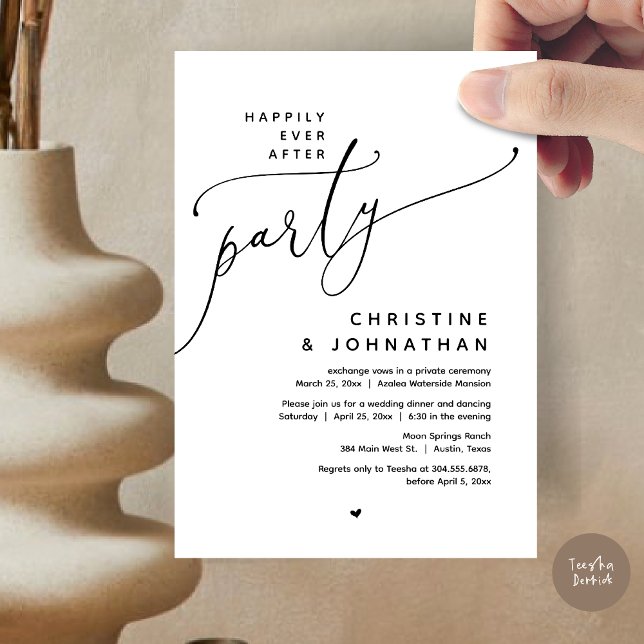 Invitation Joyeux Après La Fête, Dîner Mariage Romantique (Romantic Happily Ever After Party, Modern Wedding Dinner Invitation Card, PDF, Black White)