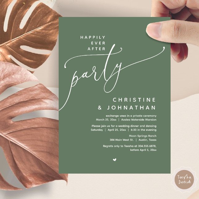 Invitation Joyeux Après La Fête, Dîner Mariage Romantique (Romantic Happily Ever After Party, Modern Wedding Dinner Invitation Card, PDF, Forest Sage Green)
