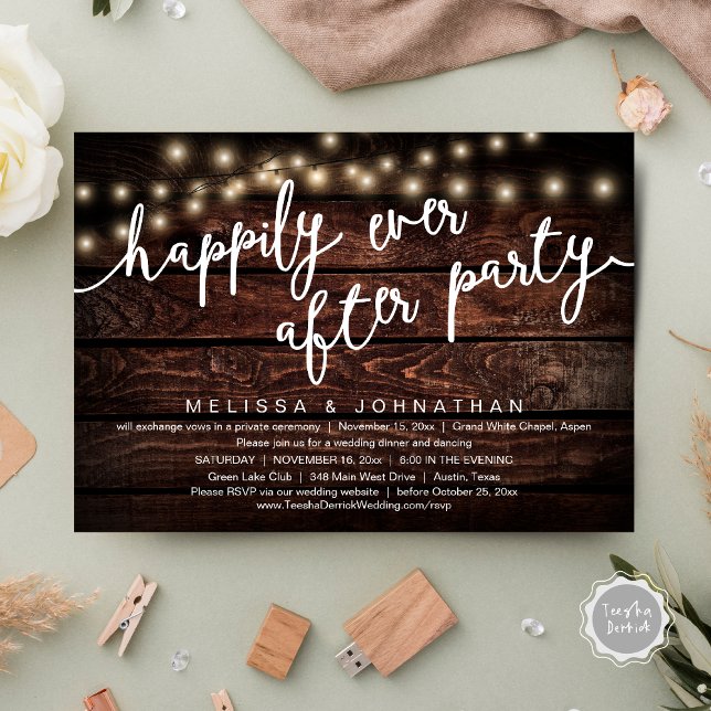 Invitation Joyeux Après La Fête, Dîner Rustique Mariage (Happily Ever After Party, Rustic Wedding Dinner Invitation Card, PDF, Cottage Brown Wood Graphic)