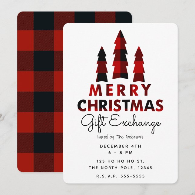 Invitation Joyeux Arbres de Noël Plaid Échange de cadeaux de  (Devant / Derrière)