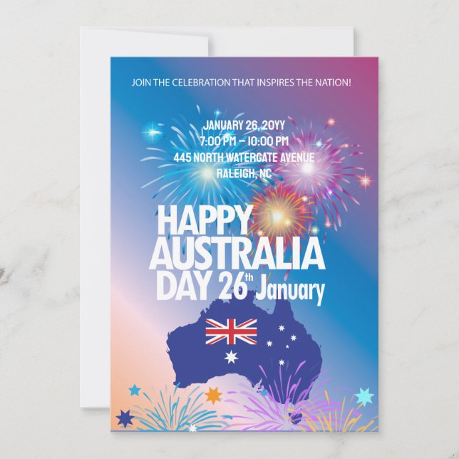 Invitation Joyeux Australia Day 26 janvier Fête du feu d'arti (Devant)
