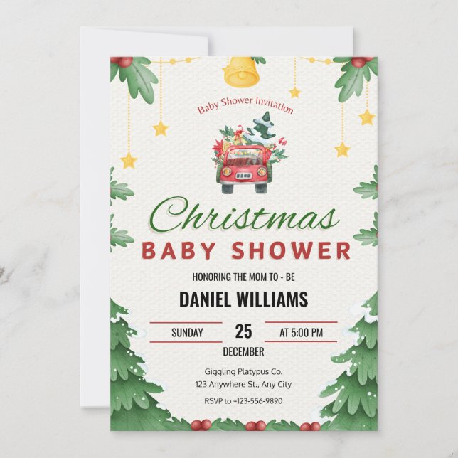 Invitation Joyeux Baby shower Joyeux Green Christmas Toy Driv (Devant)