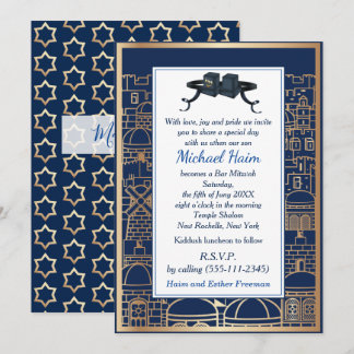 Invitation Joyeux Bar Mitzvah 20XX Téfilines Or Jérusalem
