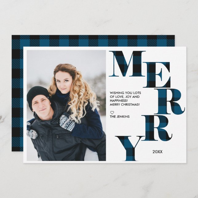 Invitation Joyeux | Blue Buffalo Plaid Photo Holiday (Devant / Derrière)