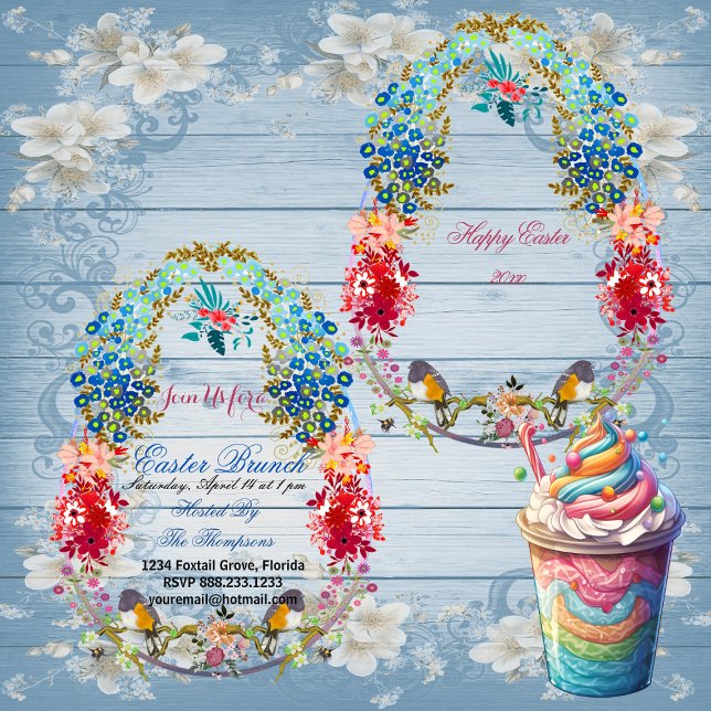 Invitation Joyeux Brunch de Pâques Oiseaux décoratifs Oiseaux (Happy Easter Brunch Decorative Egg Birds Floral Invitation)