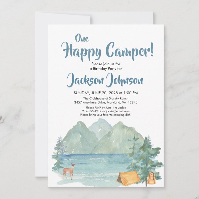 Invitation Joyeux Camper Rustic Mountains Aquarelle Anniversa (Devant)