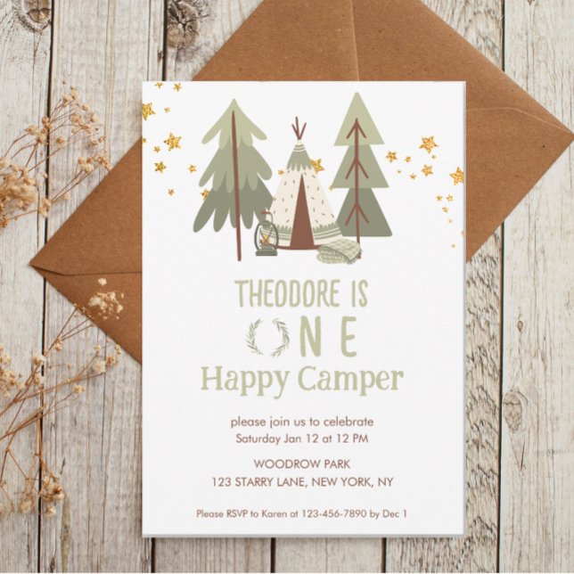 Invitation Joyeux Camper Woodland Premier Anniversaire (Créateur téléchargé)