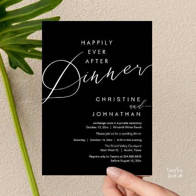 Invitation Joyeux dîner après mariage romantique élégant (Happily Ever After Dinner Romantic Elegant Wedding Invitation Card in Classy Black)