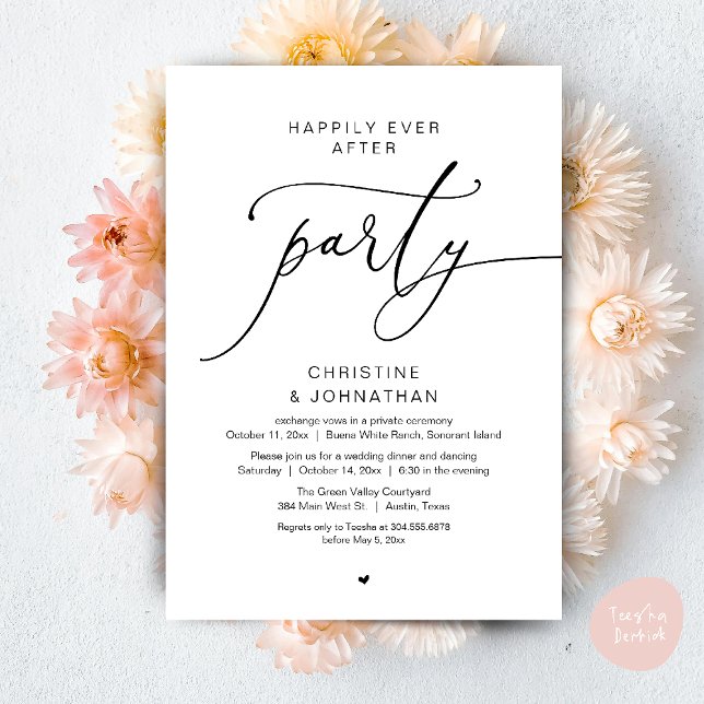 Invitation Joyeux dîner de mariage et soirée dansante (Happily Ever After Romantic Wedding Dinner Party Dancing Modern Clean Invites Card PDF Black White)