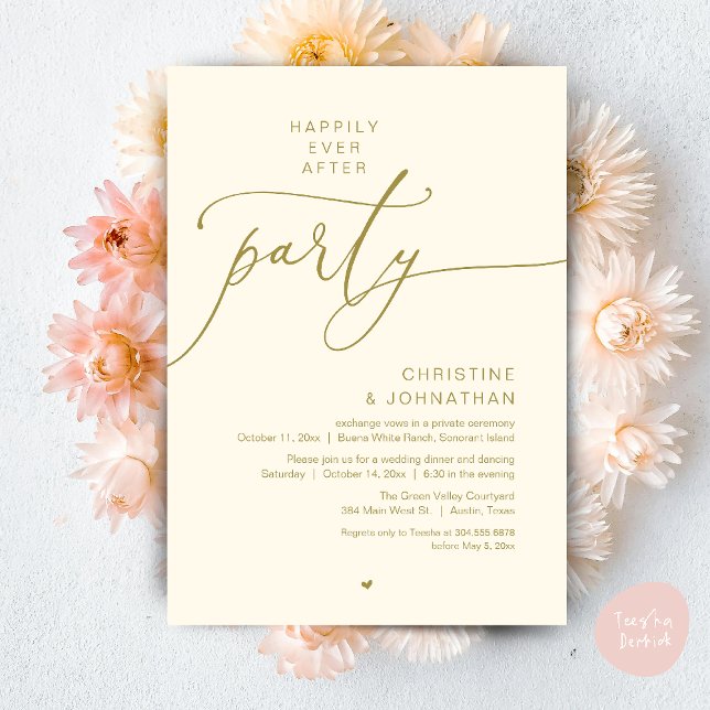 Invitation Joyeux dîner de mariage et soirée dansante pour to (Happily Ever After Romantic Wedding Dinner Party Dancing Modern Clean Invites Card PDF Yellow Gold)