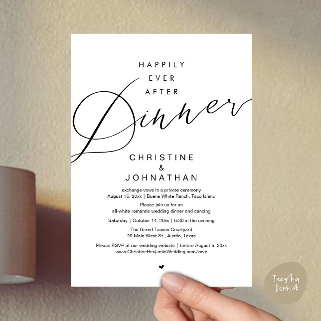 Invitation Joyeux dîner pour toujours, mariage romantique mod (Happily Ever After Dinner, Modern Romantic Wedding Invites Card, PDF, Minimalist Clean, White Black)