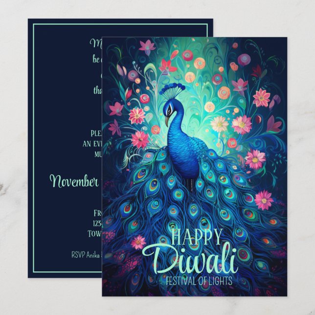 Invitation Joyeux Diwali Festival des lumières Peacock (Devant / Derrière)