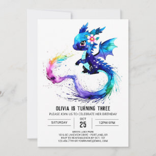 Invitation Joyeux dragon coloré Digital Girl Anniversaire
