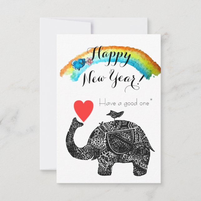 Invitation Joyeux éléphant du Nouvel An et oiseau bleu (Devant)