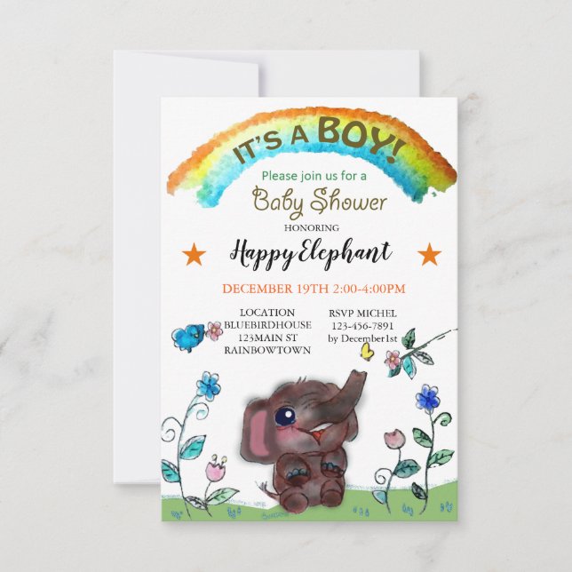 Invitation Joyeux Elephant Rainbow Town Baby shower (Devant)